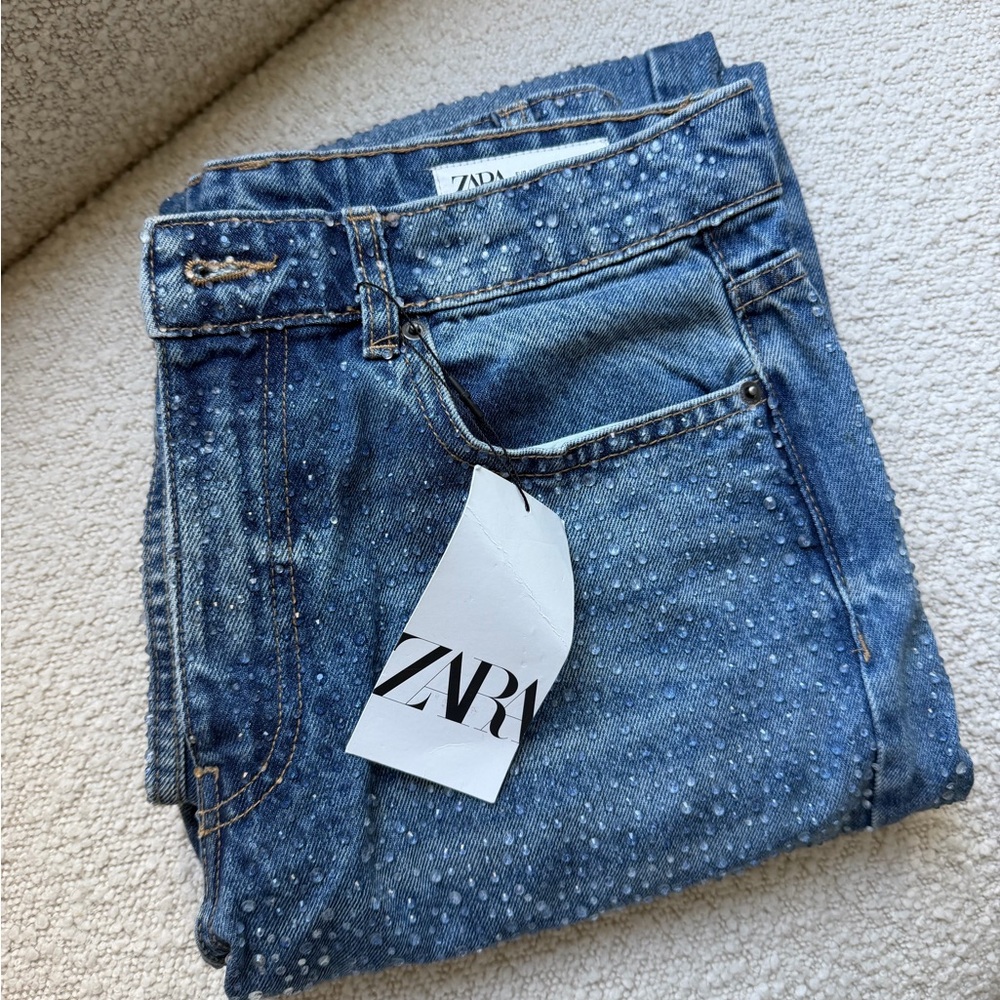 ZARA Women's Blue Polka-Dot Denim Jeans